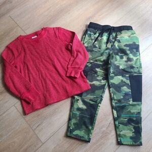 EUC Set of red knit long sleeve preschool shirt and camo athletic pants